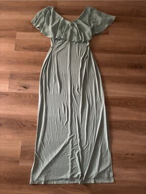 Connected Apparel Sage Green Off Shoulder Ruffle Maxi Dress Size 6